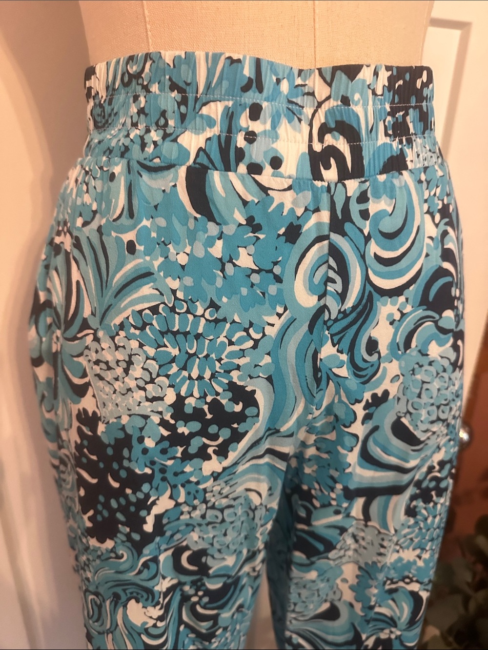 Lilly Pulitzer Rici stretch Resort white Mermazing Blue Floral M pockets pants - Picture 5 of 13